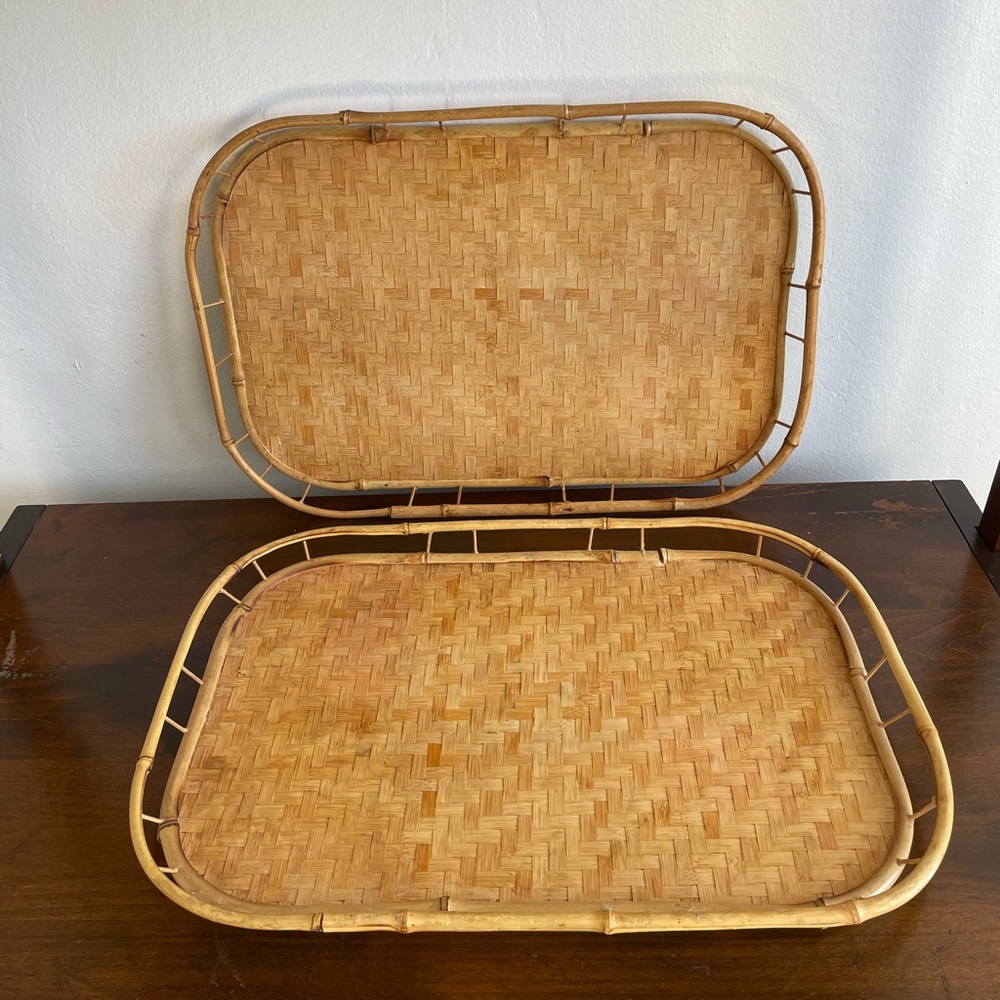Vintage Boho Bamboo and Wicker Serving Trays
